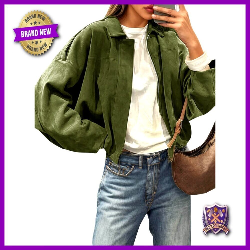 Oversized Cropped Bomber Jacket Faux Suede Lapel Zip Casual Outerwear